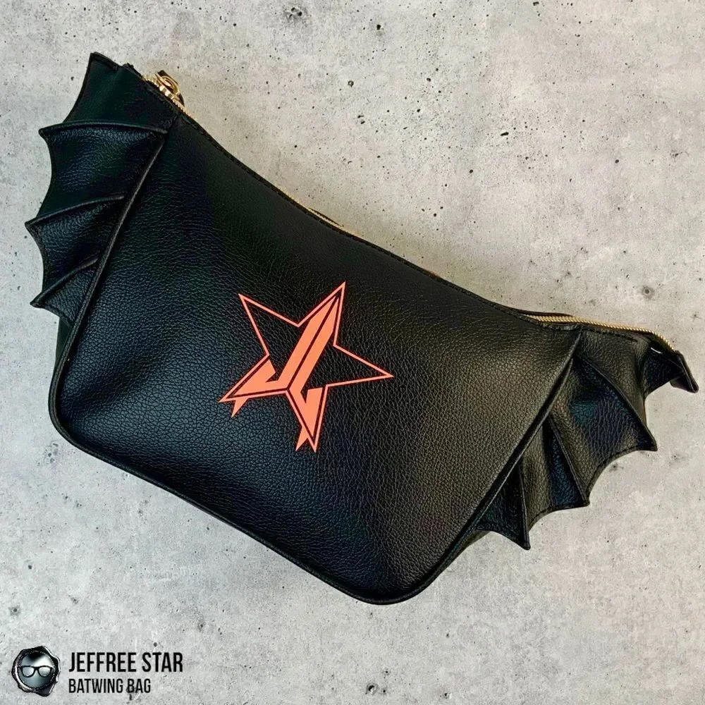 JEFFREE STAR BAT PURSE ZIPPER MAKEUP COSMETIC BAG IN BLACK VEGAN LEATHER BATWING